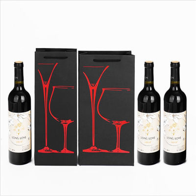 Tek Paket Şarap Şişesi Ambalaj Özel Logo ve Sıcak Folyo ile Siyah Kağıt Torbalar