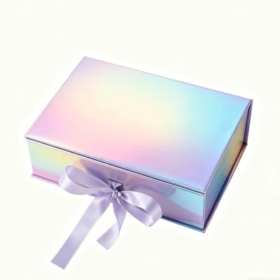 Deluxe Holographic flip top Magnetic Lid Gift Packaging Box Beautiful Available with Ribbon Recycled Materials for Socks