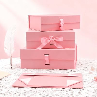 Özel Logo Kaliteli Kurdele Katlanır Kutu Pembe Siyah Dikdörtgen Şekil Manyetik Sanat Kağıdı Ambalajı Mat Laminasyon Kabartma İçin