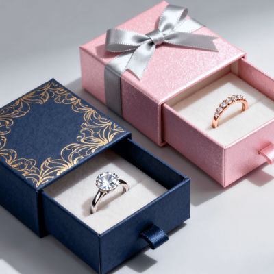 Vintage Lüks Özel Logo Yüzük Kutuları Fildişi Karton Sünger Kadife Astar Damgalama Vernikleme UV Kaplama Baskı İşlemi